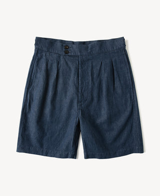 Relaxed Double-Pleated Hemp-Cotton Shorts in Indigo