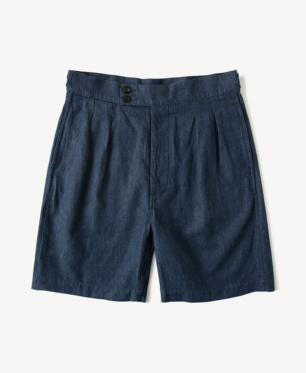 Indigo relaxed double-pleated hemp-cotton shorts with button front and side pockets