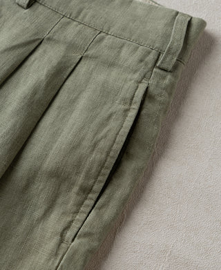 side pocket detail of 1940s Double-Pleated Pure Hemp Pants in Olive