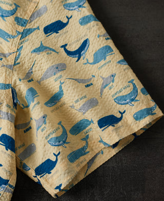 sleeve detail of Marine Life Printed Seersucker Short Sleeve Camp Shirt