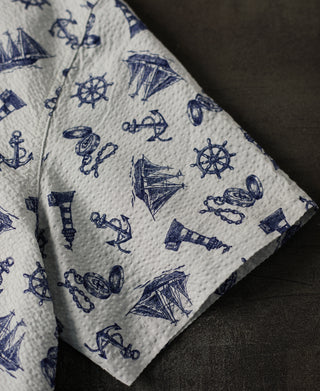 sleeve detail of Nautical Printed Seersucker Short Sleeve Camp Shirt