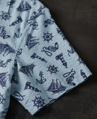 sleeve detail of Nautical Printed Seersucker Short Sleeve Camp Shirt