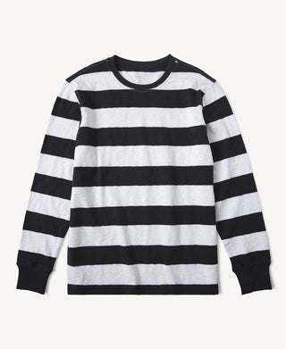 Slub Cotton Wide Striped Long-Sleeve T-Shirt in Black White Striped