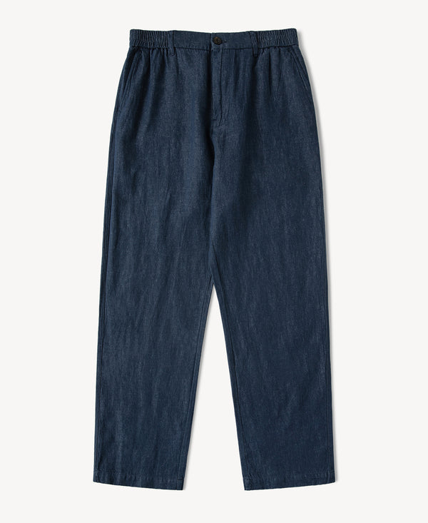 Indigo hemp-cotton blend tapered pants with elastic waistband and button front