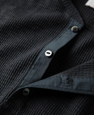 three-button placket of Honeycomb Waffle Knit Henley Long Sleeve T-Shirt