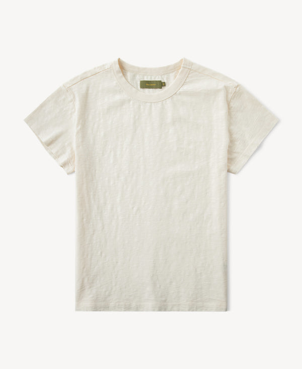Light cream slub cotton T-shirt with crew neck and cap sleeves