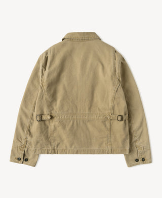 Duck canvas Cossack jacket, washed khaki, stand collar and belt back, button cuffs