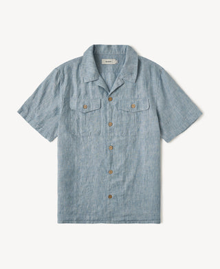 Yarn-dyed Linen Camp-Collar Shirt in Washed Blue