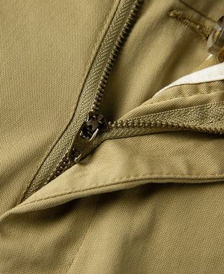 zipper detail of Casual Stretch Cotton-Blend Tapered Pants in Khaki