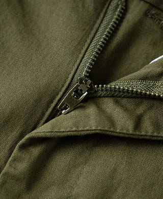 zipper detail of Casual Stretch Cotton-Blend Tapered Pants in Olive