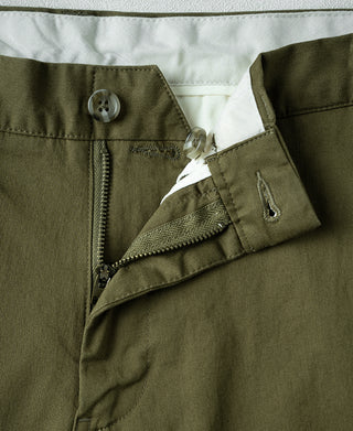 zipper fly of Casual Stretch Cotton-Blend Tapered Pants in Olive